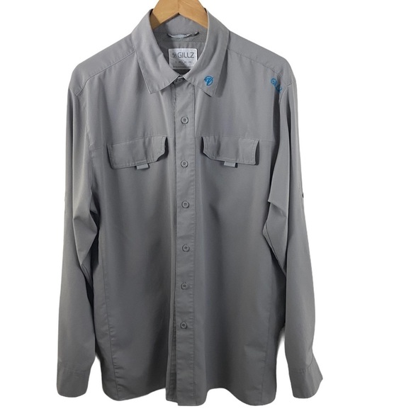 Gillz Grey Button Down Casual Mens Fisherman Shirt Vented Sz L - Picture 1 of 15